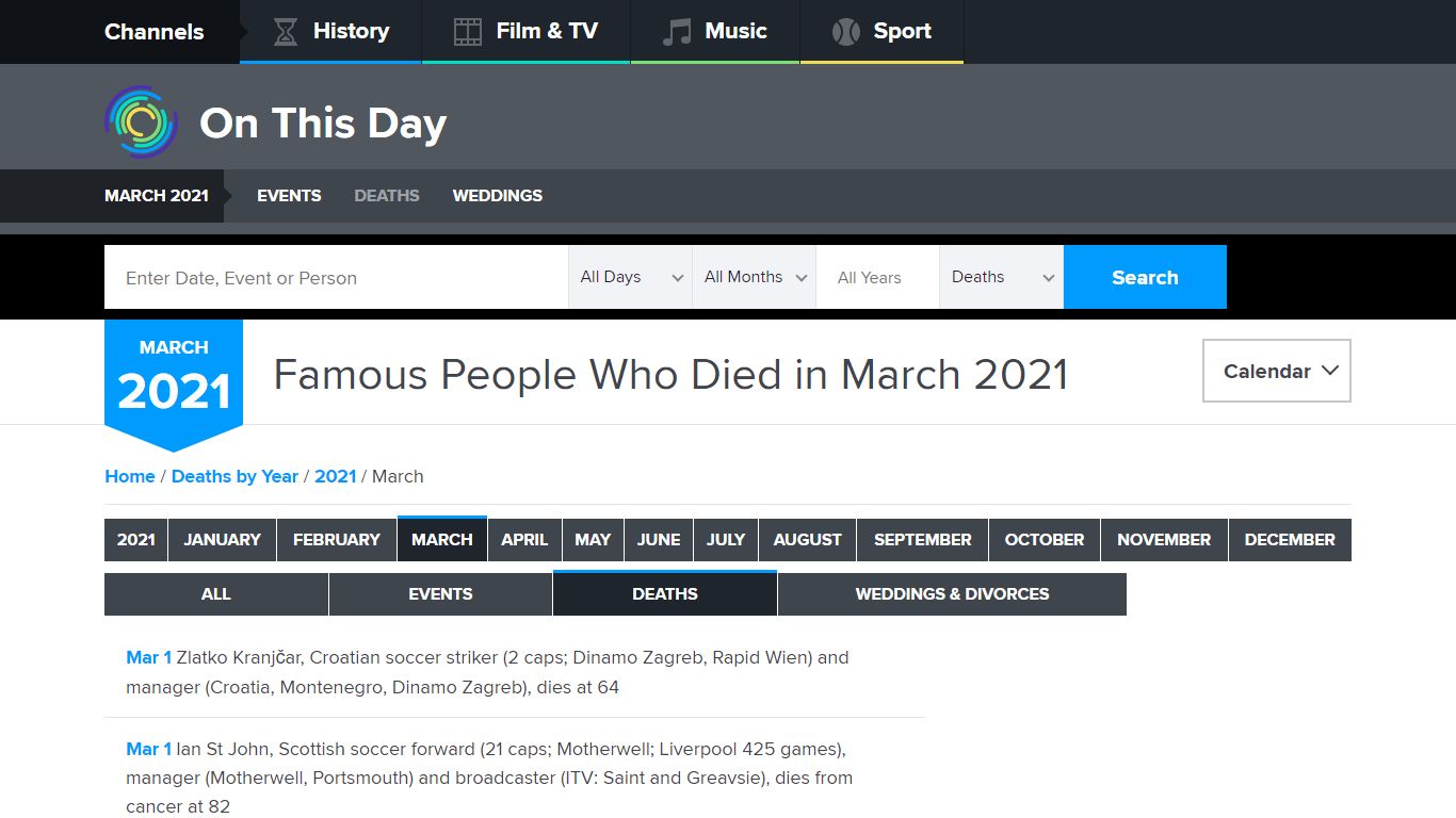 Famous People Who Died in March 2021 - On This Day